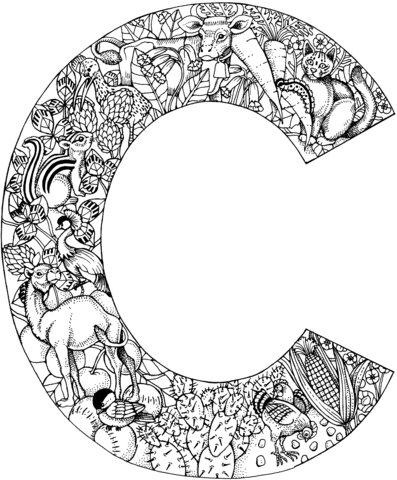 Letter C With Animals Coloring Page